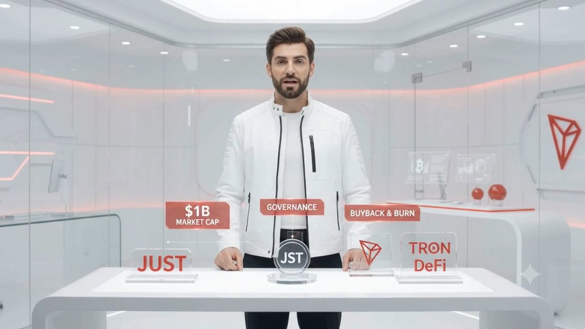 A man in a white jacket standing in a futuristic white room with crypto-related items including JUST, JST, TRON DeFi displays, and text about '$1B MARKET CAP', 'GOVERNANCE', and 'BUYBACK & BURN'.