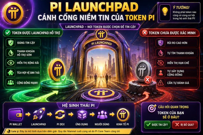 The image is a Vietnamese infographic titled "PI LAUNCHPAD - CÁNH CỔNG NIỀM TIN CỦA TOKEN PI" (Pi Launchpad - Gateway of Trust for Pi Tokens), comparing supported vs. unverified tokens through green checkmarks and red X icons, while showing the Pi ecosystem flow from Pi Wallet → Launchpad → Pi DEX → Apps → Users → Pi Economy. It visually reinforces the post's message that Pi Launchpad acts like Google's "Google Play" gatekeeper, curating which tokens gain credibility and visibility within the Pi ecosystem.