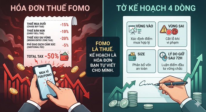 An infographic in Vietnamese comparing 'HÓA ĐƠN THUẾ FOMO' with 'TỜ KẾ HOẠCH 4 DÒNG', detailing tax percentages and investment strategy components.