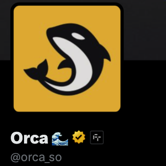 An app icon for Orca, featuring a stylized black and white orca whale on a yellow square background, displayed with the username @orca_so and icons indicating a wave and verified badge.