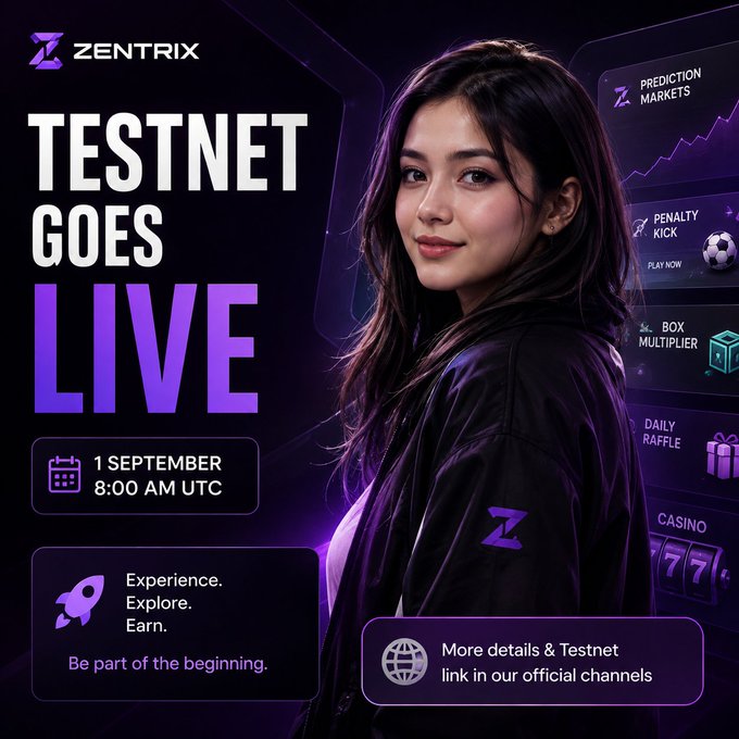 A promotional graphic for 'ZENTRIX' announcing 'TESTNET GOES LIVE' on '1 SEPTEMBER 8:00 AM UTC', featuring a young woman in a purple jacket and showcasing features like Prediction Markets, Penalty Kick, Box Multiplier, and Casino.