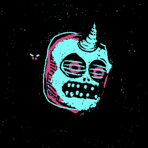 A stylized cyan and pink illustration of a horned skull mask or face with glowing eyes against a black background.