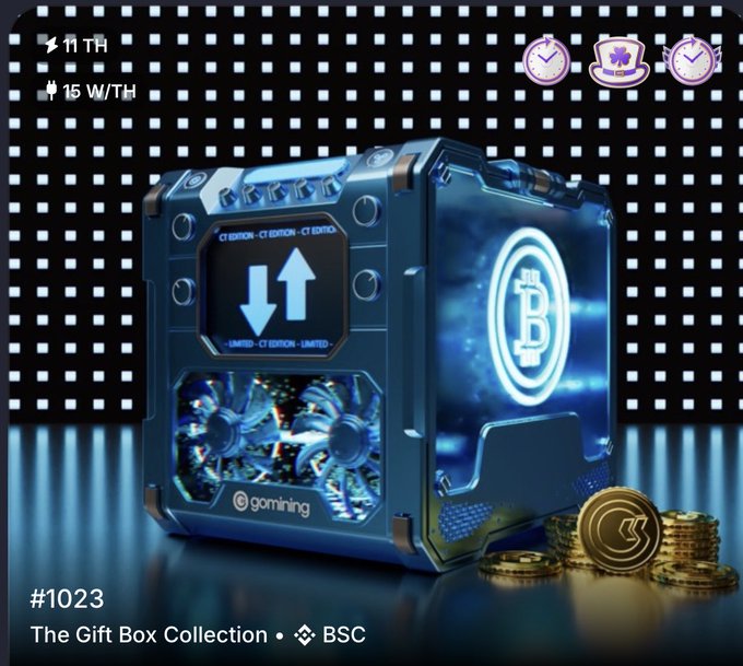A promotional image of a digital mining box from "gominig" featuring Bitcoin and CTExxx branding, labeled "#1023 The Gift Box Collection" on BSC with stats showing 11 TH and 15 W/TH.