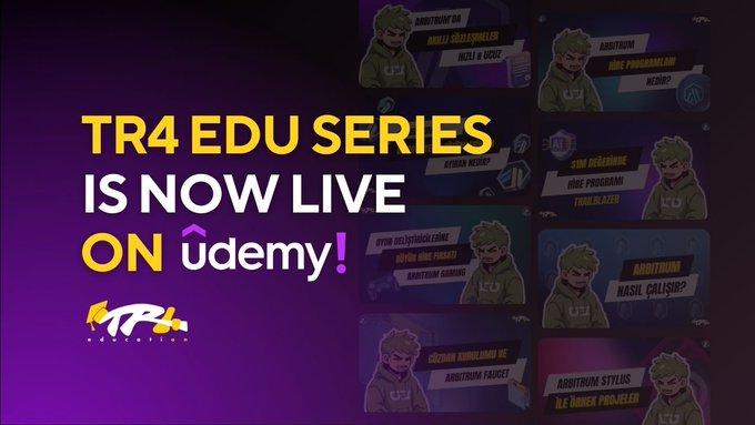 A promotional graphic announces "TR4 EDU SERIES IS NOW LIVE ON Udemy!" featuring an anime-style character with green hair alongside several quiz interface screenshots.