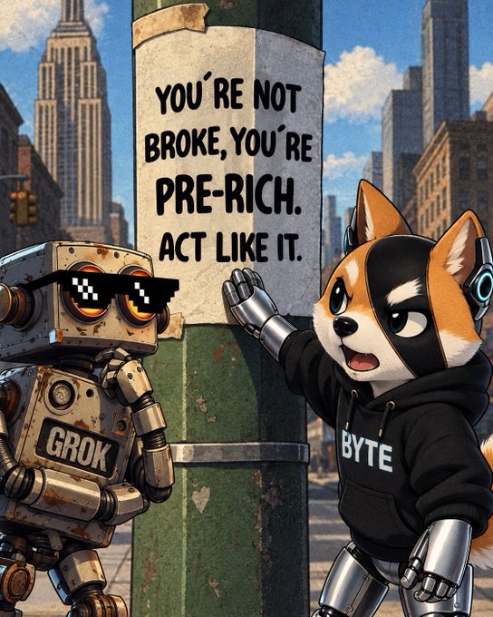 An illustration featuring two robots, one labeled 'GROK' with pixel sunglasses, standing next to a dog-like character wearing a 'BYTE' hoodie, with a poster reading 'YOU'RE NOT BROKE, YOU'RE PRE-RICH. ACT LIKE IT.'