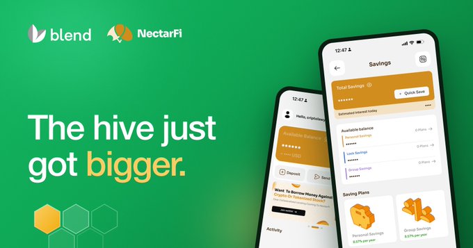This image announces "The hive just got bigger" with the logos of Blend and NectarFi, showcasing a mobile app interface where users can manage savings and earn interest.