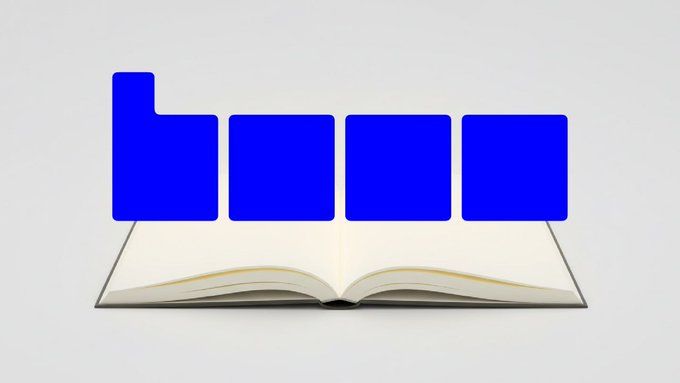 Digital illustration of an open book with four blue square tiles (one taller tab on the left) floating above the pages, likely representing an NFT or digital collection on Open Sea.