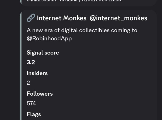 A screenshot from Twitter/X showing a post from 'Internet Monkes @internet_monkes' about digital collectibles coming to Robinhood, with metrics showing Signal score 3.2, 2 Insiders, and 574 Followers.