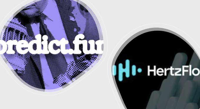 Two circular graphics featuring the logos "predict.fun" and "HertzFlow" with stylized imagery.