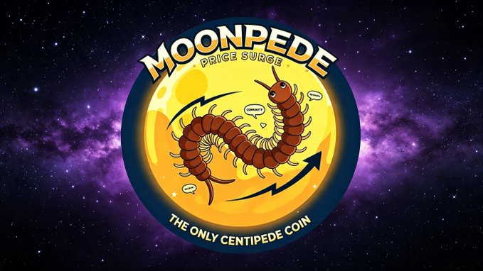 A logo for 'MOONPEDE PRICE SURGE' meme coin featuring two cartoon centipedes on a yellow moon with an upward arrow, tagged 'THE ONLY CENTIPEDE COIN' against a purple galaxy background.