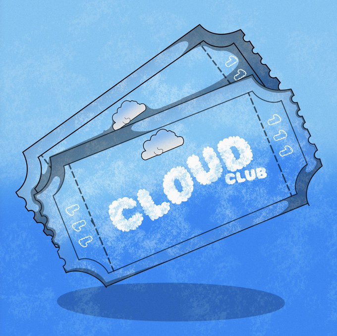 A digital illustration of two blue tickets forming a 'CLOUD CLUB' branded ticket with cloud-shaped lettering on a blue background.