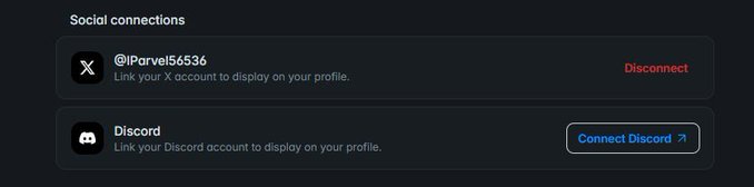A "Social connections" settings panel showing a linked X account (@iParrel56536) with a red "Disconnect" button, and an unlinked Discord account with a blue "Connect Discord" button—demonstrating the new Discord integration feature on Polymarket mentioned in the post.