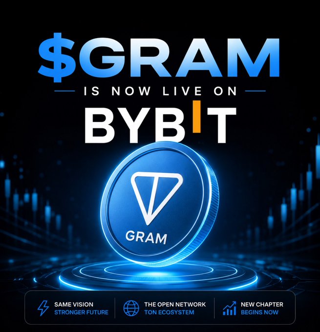 The image features a blue coin with a white triangle symbol, which appears to be a representation of the cryptocurrency token "GRAM". The text "is now live on Bybit" is written above the coin, indicating that the token is available for purchase or trading on the cryptocurrency exchange platform Bybit.