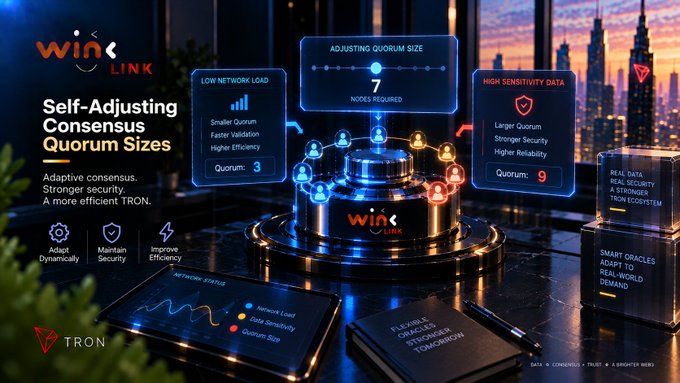 A digital graphic illustrating WINkLink's 'Self-Adjusting Consensus Quorum Sizes' on the TRON blockchain, showing how quorum numbers adapt based on network load, sensitivity data, and flexible oracles.