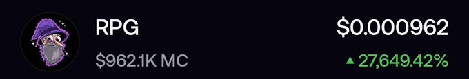 The image displays a cryptocurrency ticker for "RPG" with a price of $0.000962, a market cap of $962.1K, and a notable price increase of 27,649.42%. The accompanying post mentions "@RpgOnchain," suggesting this is a promotional update about the RPG token's significant recent gain.