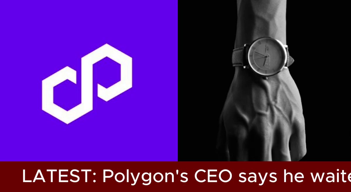 The image features a hand wearing a watch, which has the Polygon logo on its wristband. The background of the image is black, making the white logo stand out prominently. Below the logo, there's text that reads "@0xPolygon CEO @0xMarcB took to social media to explain that he had...waited almost a month for the @tempo team to merge a PR so that we can integrate Trails with Tempo and offer our users and our customers a better cross-chain". The image is accompanied by a purple logo, which is a hexagon.