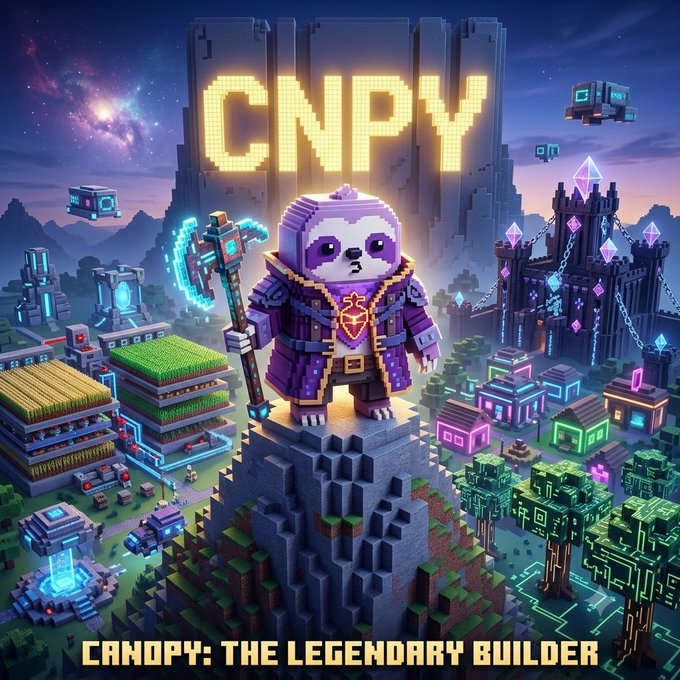 A pixel-art style promotional image features a purple panda character in ornate robes holding a staff, standing on a tower above a vibrant cityscape with the text 'CNPY' prominently displayed and 'CANOPY: THE LEGENDARY BUILDER' at the bottom.