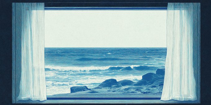A view of ocean waves crashing against rocks, framed by white curtains in a window, with a blue-toned vintage film aesthetic.