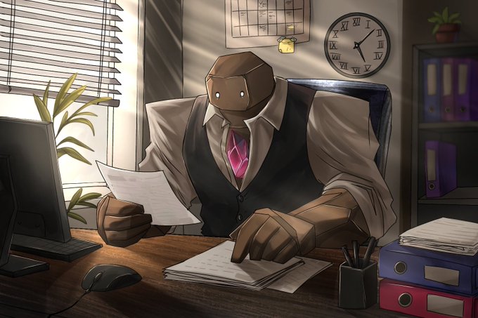 Digital artwork of a humanoid figure wearing a brown cardboard box mask, dressed in a business shirt, vest, and pink tie, sitting at a desk reviewing documents.