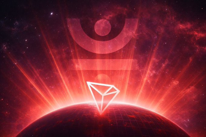 A red cosmic-themed digital artwork featuring the Tron (TRX) logo above a geometric diamond shape, set against a starry background with radiating light beams.