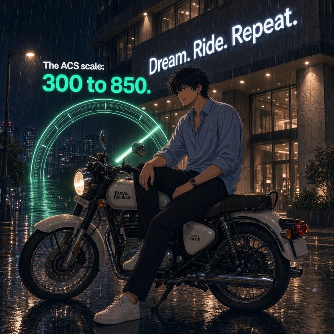 An anime-style illustration depicts a man sitting on a Royal Enfield motorcycle in the rain, with text reading 'The ACS scale: 300 to 850.' and 'Dream. Ride. Repeat.'