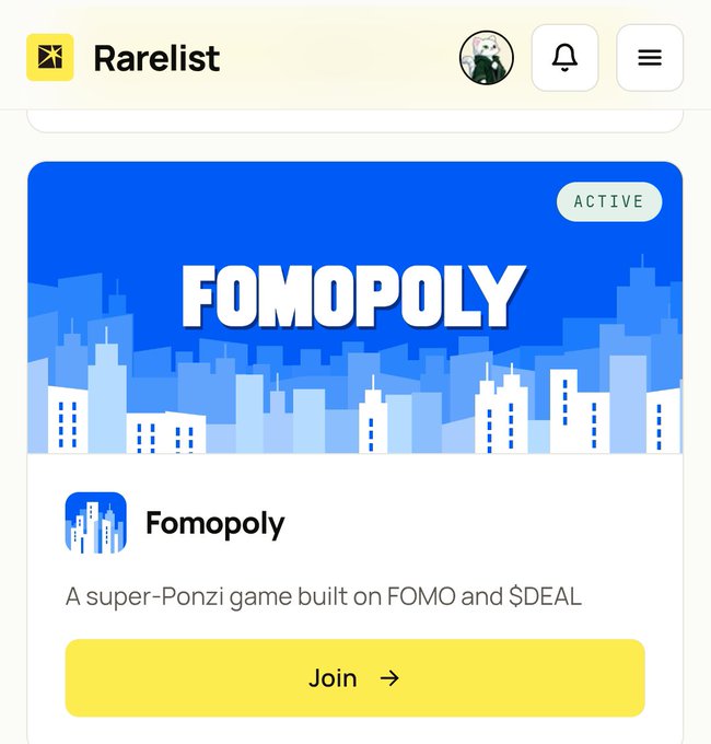 A Rarelist page lists an active game called “Fomopoly,” described as “A super-Ponzi game built on FOMO and $DEAL,” with a yellow “Join” button.