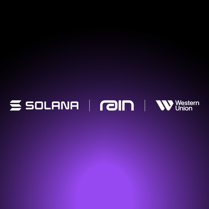 The image displays the logos of Solana, Rain, and Western Union side by side on a dark purple background, visually representing the partnership between the three companies behind Western Union's newly launched Stablecard — a USDPT-pegged Visa card operating on the Solana blockchain via Rain's card infrastructure.