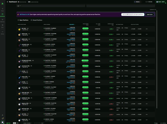 A screenshot of the Hyperliquid 'Open Positions' dashboard 2.0, displaying various crypto trading pairs such as GO SOL, WON SOL, and SNIPE SOL with their 24-hour price changes.