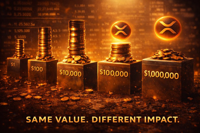 A promotional graphic shows stacks of coins on blocks labeled $1, $100, $10,000, $100,000, and $1,000,000, with two XRP coins floating above, and the tagline 'SAME VALUE. DIFFERENT IMPACT.'