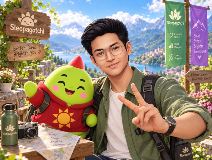 An illustration of a young man taking a selfie with a green Sleepagotchi character, surrounded by travel-themed props and signs reading 'Sleepagotchi', 'Better Days Brighter You', 'Explore Better', 'Rest Deeper', 'Live Brighter', and 'Small Steps Brighter Tomorrows'.