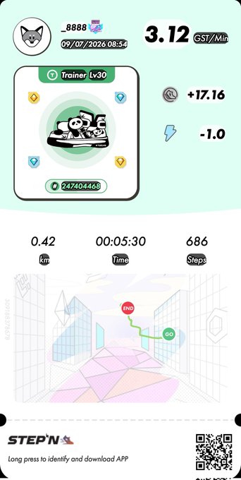 A STEP'N app screenshot shows a 'Trainer Lv30' sneaker NFT used to earn 3.12 GST/Min, with stats of 0.42 km, 5:30 time, and 686 steps, dated 09/07/2026.