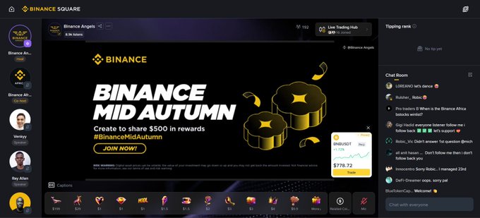 A Binance Square livestream showing a 'BINANCE MID AUTUMN' promotion offering $500 in rewards, with a live trading chart showing BTCUSDT at $718.72 and a chat room on the right side.