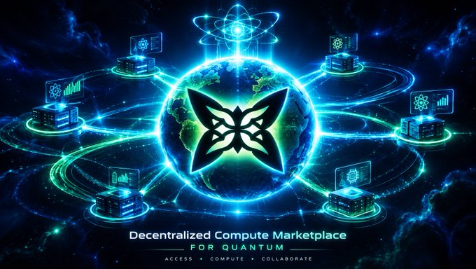A promotional graphic for a 'Decentralized Compute Marketplace FOR QUANTUM' featuring a glowing globe with server nodes and an atom symbol.
