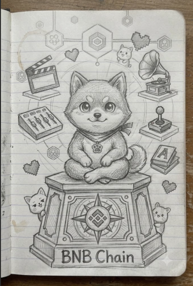 A hand-drawn pencil sketch on lined notebook paper features a Shiba Inu-style dog sitting on a pedestal labeled "BNB Chain," surrounded by icons including a clapperboard, gramophone, joystick, and smaller cat figures, with a BNB logo on the dog's chest—reflecting the artist's mention of working through the night with pencil strokes for the @MameBNB creative contest.