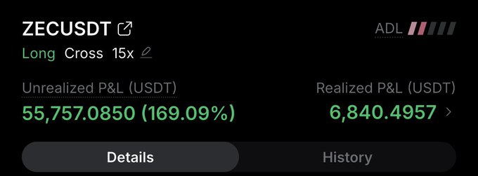 A trading screenshot displays a leveraged long position on ZECUSDT with 15x cross leverage, showing an unrealized profit of 55,757.0850 USDT (169.09%) alongside realized gains of 6,840.4957 USDT—illustrating the trader's boast of having "the nuts" (a winning, high-conviction bet) into the FOMC announcement.
