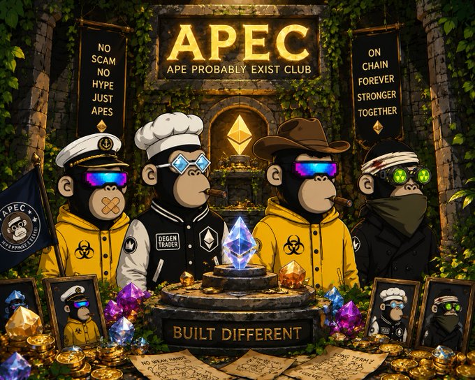A digital illustration features four cartoon monkeys in crypto-themed attire (chef, varsity jacket, cowboy, ninja) with 'APEC APE PROBABLY EXIST CLUB' displayed prominently, along with banners reading 'NO SCAM NO HYPE JUST APES' and 'ON CHAIN FOREVER STRONGER TOGETHER', surrounding crystals and the phrase 'BUILT DIFFERENT'.