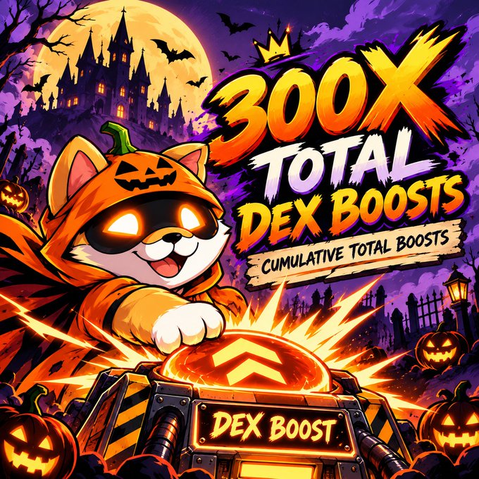 A Halloween-themed digital art graphic featuring a cat in a pumpkin costume pressing a 'DEX BOOST' button, displaying '300X TOTAL DEX BOOSTS - CUMULATIVE TOTAL BOOSTS' against a spooky purple background.