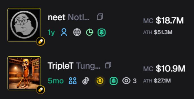 The image shows two memecoin listings—"neet" with a market cap of $18.7M (down from an ATH of $51.3M) and "TripleT" with a market cap of $10.9M (down from an ATH of $27.1M)—both highlighted with yellow borders, illustrating the post's argument that strong community memecoins with established, consolidated charts outperform the endless churn of new trading pairs.