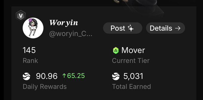 A user profile card shows Woryin (@woryin_C...) with a rank of 145, Mover tier, 90.96 daily rewards (up 65.25), and 5,031 total earned—aligning with the post's mention of reaching 5k points on the final day of $RIVER S5.
