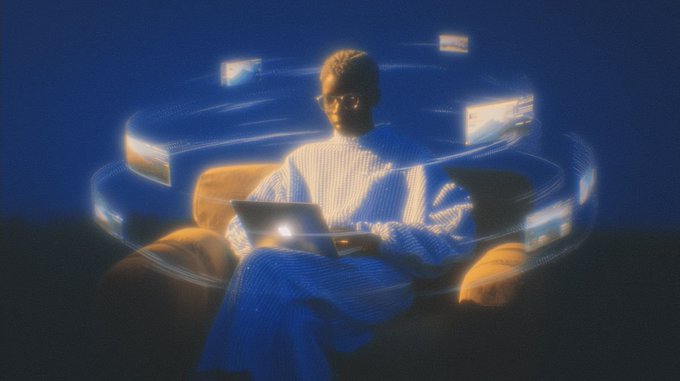 A stylized digital illustration shows a person in a cream sweater working on a laptop while seated in a yellow chair, surrounded by a swirling vortex of glowing holographic screens against a dark blue background.
