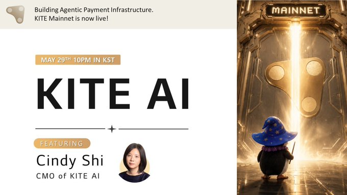 The image features a poster for an event where a woman named Cindy Shi will be speaking about the Mainnet going live. The poster includes a photo of a penguin wearing a hat with the text "Kite AI" written above its head, indicating that this is related to kite AI technology. The event is scheduled for May 29th at 10 PM in KIST, and it appears that Cindy Shi will be joining the discussion as an expert on Mainnet technology.
