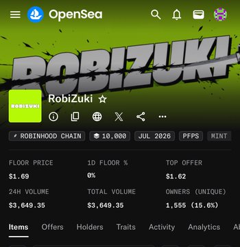 The image shows an OpenSea NFT marketplace listing for the "RobiZuki" collection on the Robinhood Chain, with a floor price of $1.69 and a 24H volume of $3,649.35. It visually confirms the post's claims about the project's floor price and its status as an NFT on the Robinhood platform, supporting the $8 profit-per-wallet calculation mentioned.