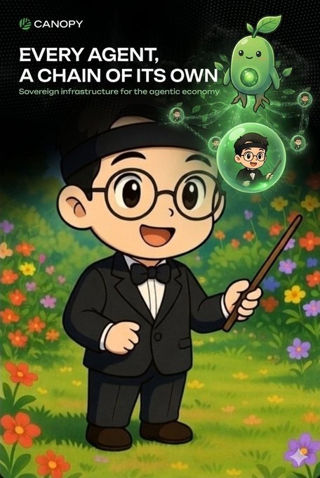 A promotional graphic for Canopy reading 'EVERY AGENT, A CHAIN OF ITS OWN - Sovereign infrastructure for the agentic economy,' featuring a chibi-style character in a tuxedo and a green plant-like creature with network nodes.