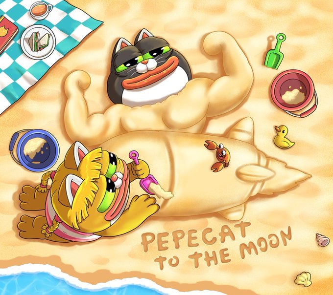 An illustrated scene featuring two Pepe cats building a sand sculpture on a beach, with the text 'PEPECAT TO THE MOON' written in the sand, complete with beach toys, a crab, a rubber duck, and a picnic blanket.