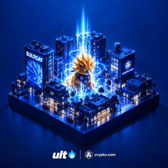 A stylized 3D blue-lit cityscape features a central cat character surrounded by glowing energy, with "ULT", "SULTCAT", and "crypto.com" logos visible.