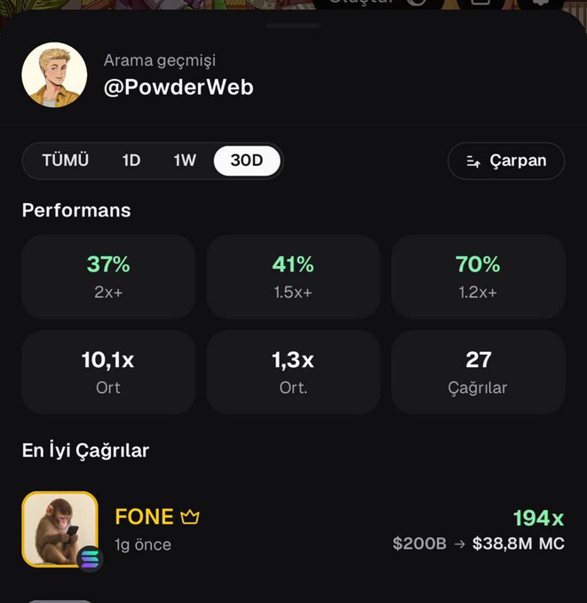 A Turkish-language crypto search interface (Arama geçmişi) showing performance metrics for @PowderWeb over 30D, including 37%, 41%, 70%, 10.1x, 1.3x, and 27 calls, with the top call being FONE ($200B → $38.8M MC).
