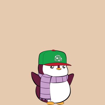 A cartoon penguin wearing a green and red baseball cap and a purple striped scarf stands against a beige background.