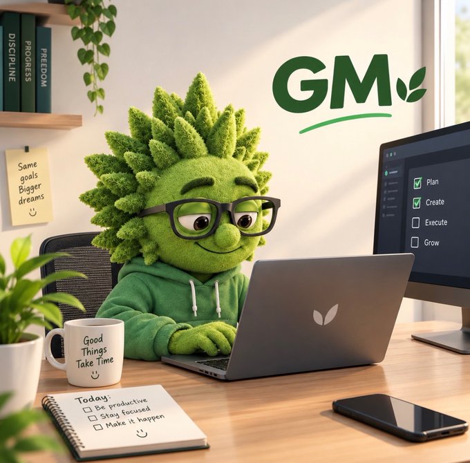 A green, plant-like cartoon character wearing glasses and a hoodie works at a desk with a laptop; visible text includes the wall logo “GM,” a checklist with “Plan,” “Create,” “Execute,” and “Grow,” the mug “Good Things Take Time,” and a sticky note reading “Same goals Bigger dreams.”