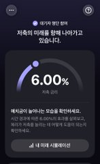 A mobile screenshot shows a real-time circular gauge displaying **6.00%** for a simulated Aave deposit of about **10,000 won**. The Korean text explains that the displayed growth is an illustrative example of how the deposit increases over time.