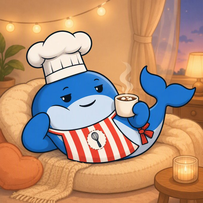 A cartoon blue whale wearing a chef's hat and red-and-white striped apron sits on a cozy couch holding a steaming cup of coffee.